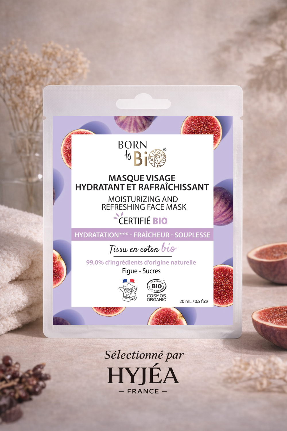 Masque Visage Hydratant & Rafraîchissant – Born to Bio En coton bio – Figue bio (Provence) – Sucres végétaux 20 ml